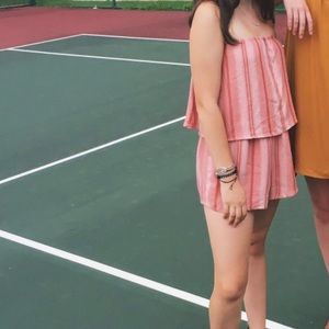 Coral striped strapless romper